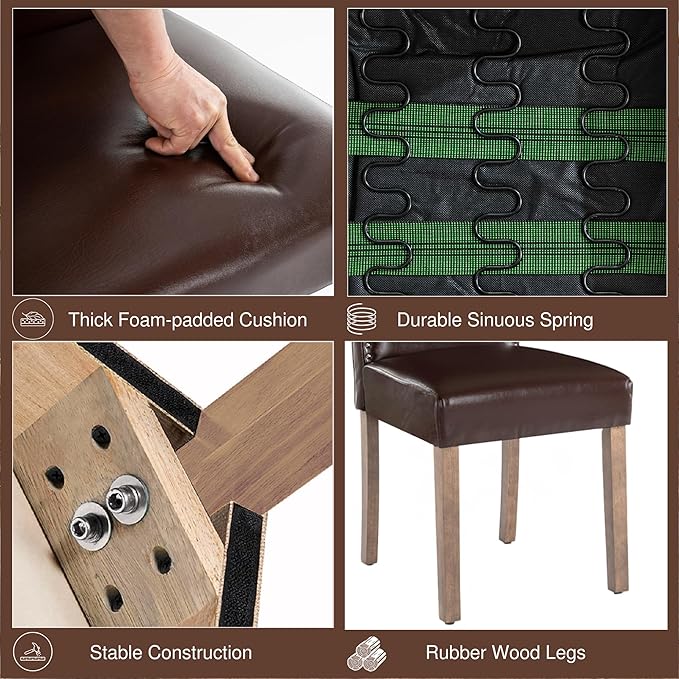 Upholstered Dining Chair Modern Stylish Parsons Kitchen Diner High Back with Silver Nailhead Trim & Wood Legs, Set of 6, PU Leather Dark Brown
