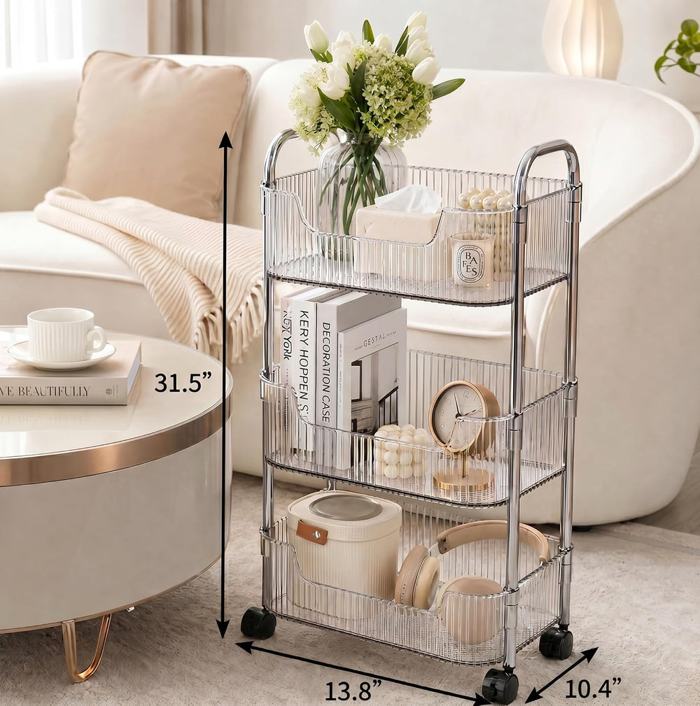 3 Tier Rolling Cart with Wheels, Clear Plastic Storage Cart with Stainless St...