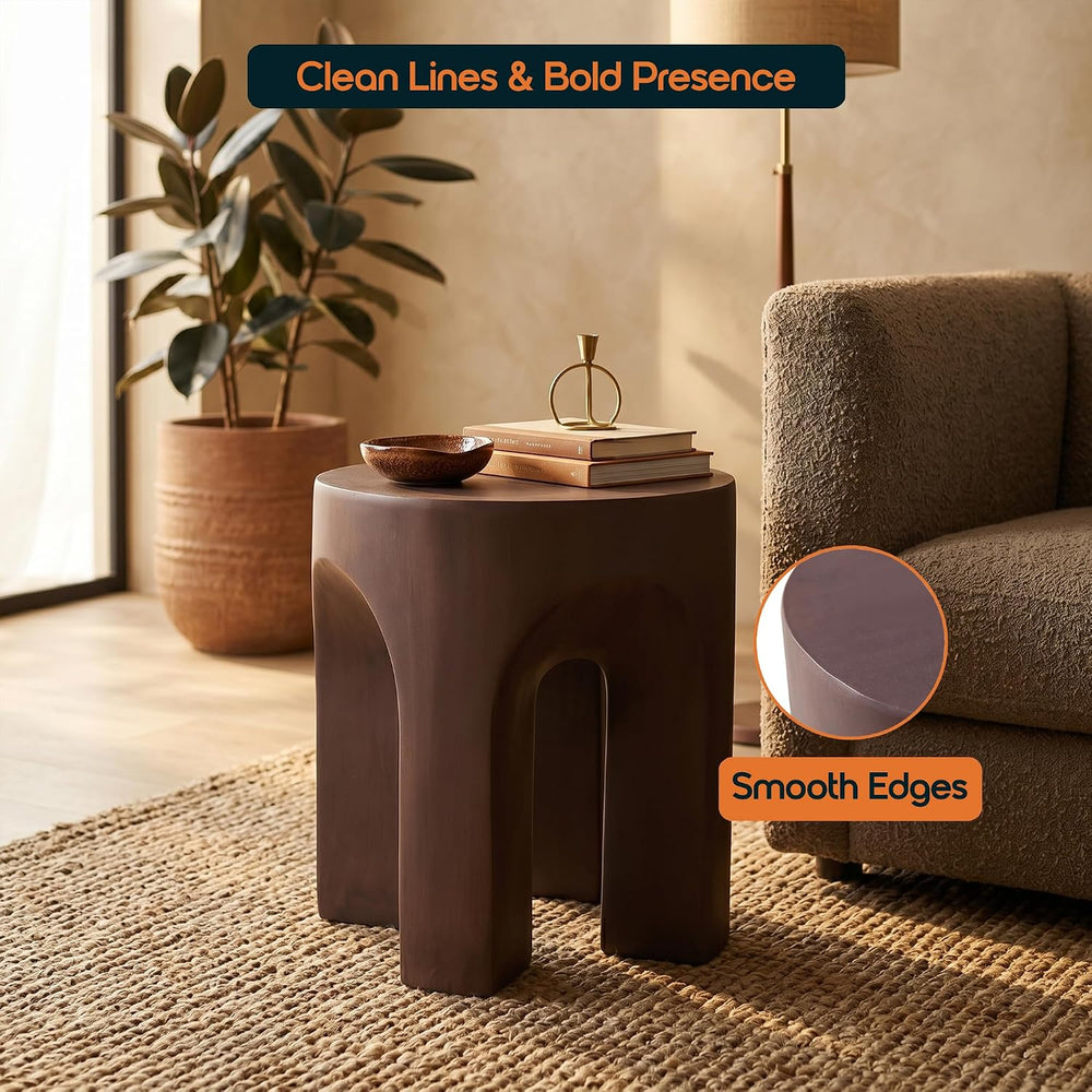 LeisureMod Round Side Table in Fiberstone with Arched Base Design Compact Wea...
