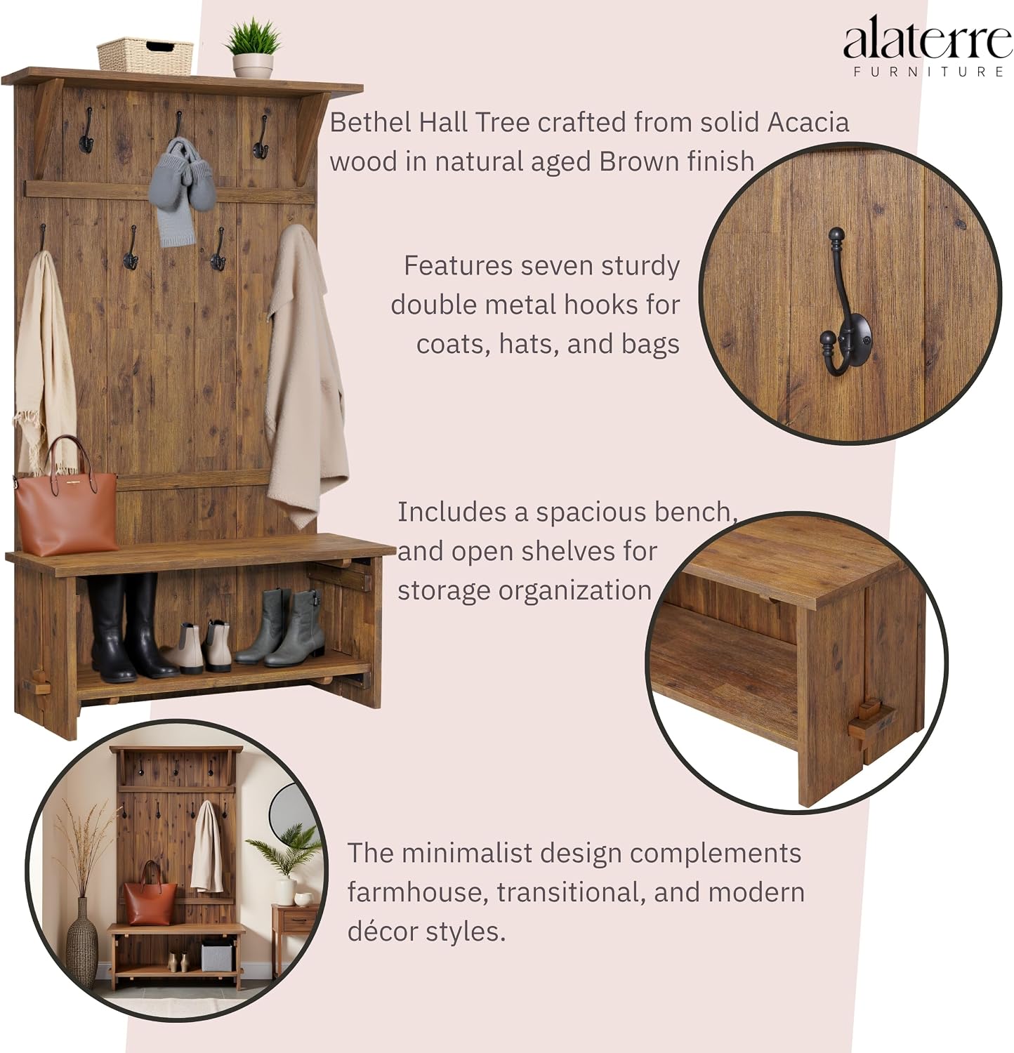 Alaterre Bethel Rustic Solid Wood Entryway Hall Tree with Bench, Natural | 70” Modern Farmhouse Entryway Organizer with Shoe Storage Bench and Coat Hooks, Natural Aged Brown, for Jackets, Shoes & Bags