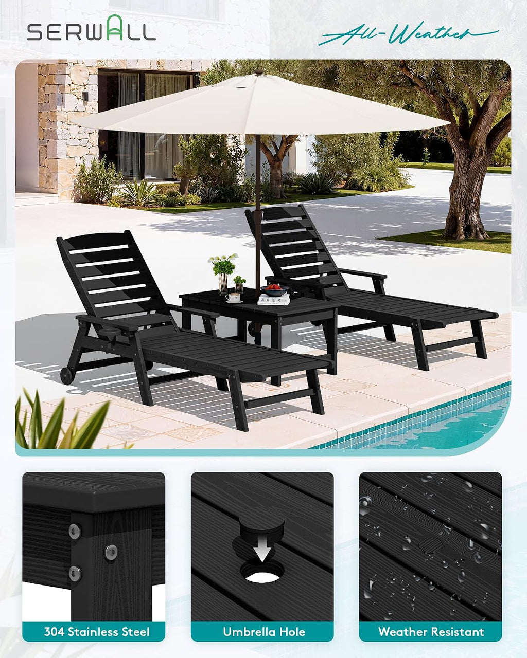 SERWALL HDPE Outdoor Coffee Table with Umbrella Hole, Black