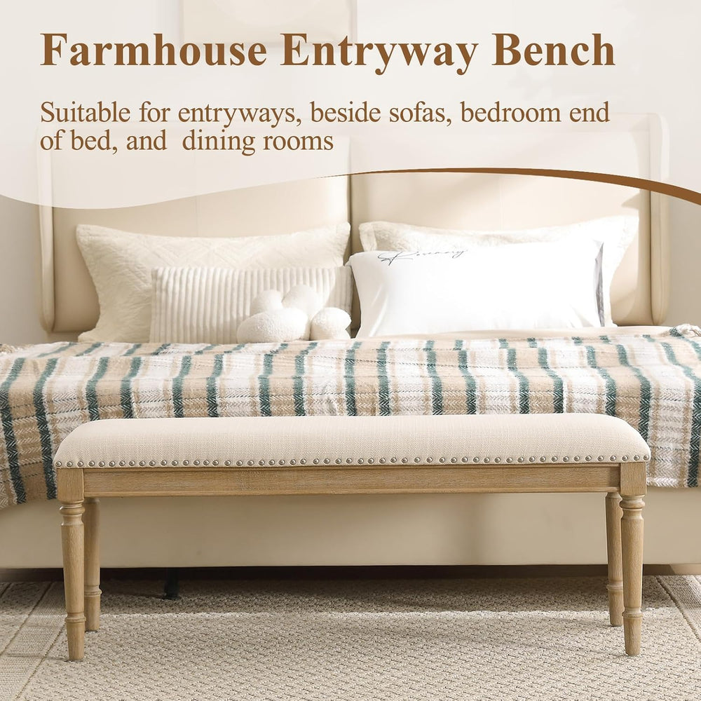 46'' French Country Entryway Bench Wooden Linen Fabric Upholstered Se...