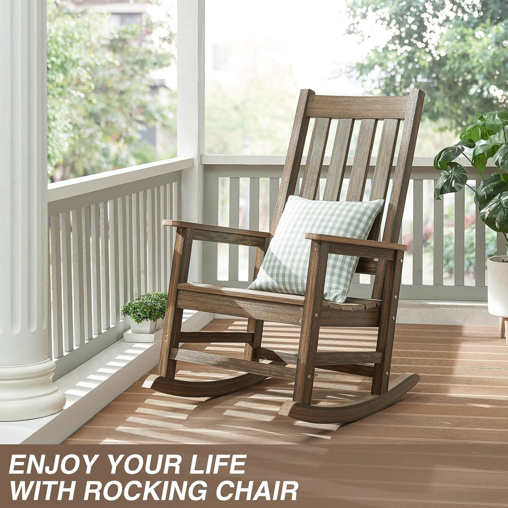 Oversized Outdoor Rocking Chair, Porch Rocker with High Back, Brown | HDPE Patio Rocking Chairs, Weather Resistant & 350lbs Heavy Duty Porch Rocker with High Back for Backyard,Garden and Balcony