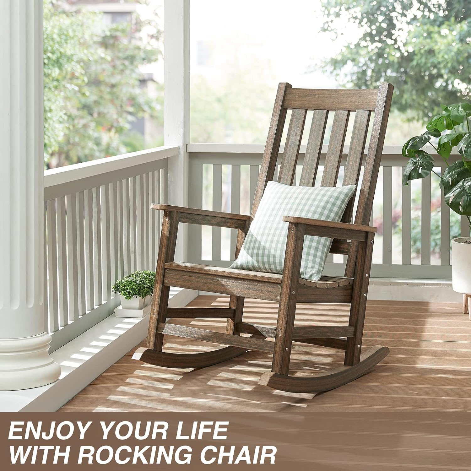 Oversized Outdoor Rocking Chair, Porch Rocker with High Back, Brown | HDPE Patio Rocking Chairs, Weather Resistant & 350lbs Heavy Duty Porch Rocker with High Back for Backyard,Garden and Balcony