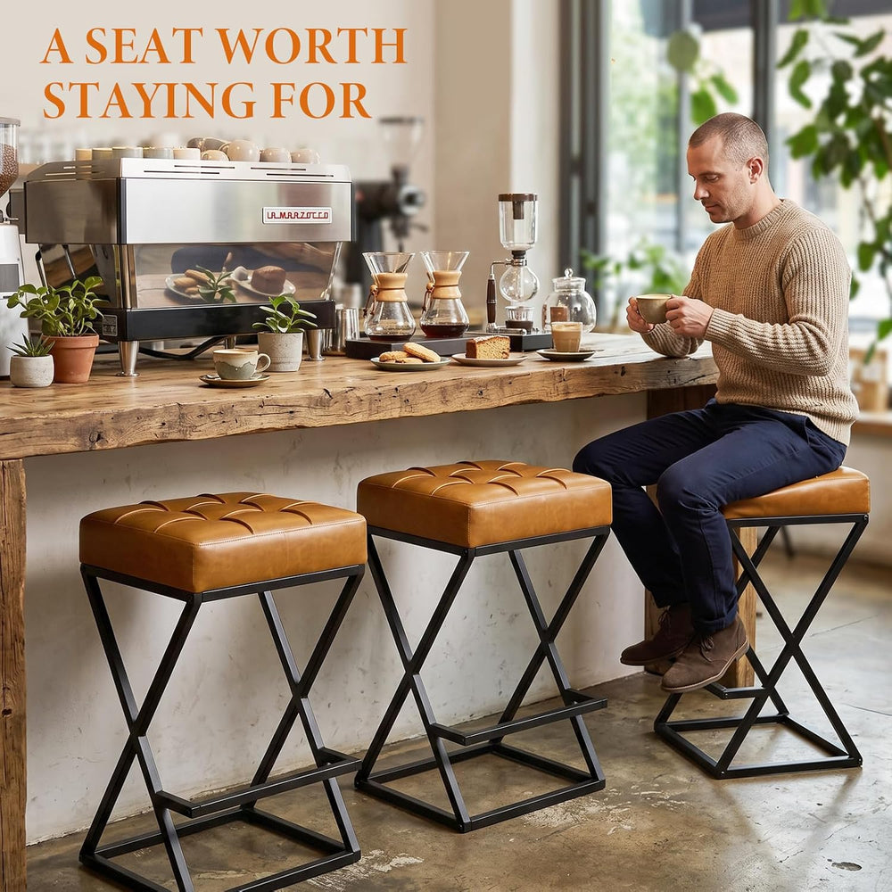 Bar Stools Set of 3, 26 Inch Counter Height Stool Faux Leather Brown