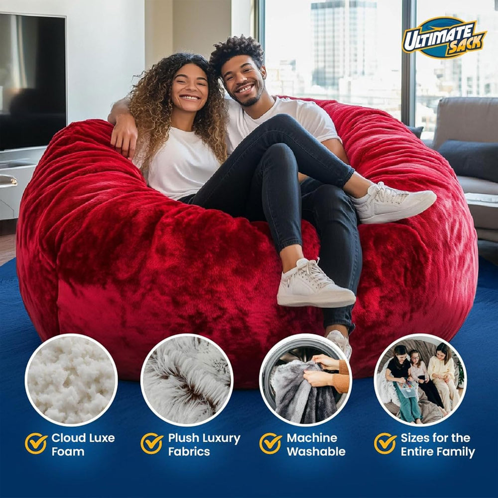 Ultimate Sack 6000 6-Foot Bean Bag Chair, Red Suede Cover – Oversized Foam Lo...