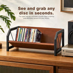 CD Holder Rack, Tilting DVD Storage Shelf for Tower Small Space | Store Up to 38 CDs and 30 DVDs, Desktop Bookshelf Organizer, Easy Acess, Sturdy Metal & Wood Construction, Portable Angle