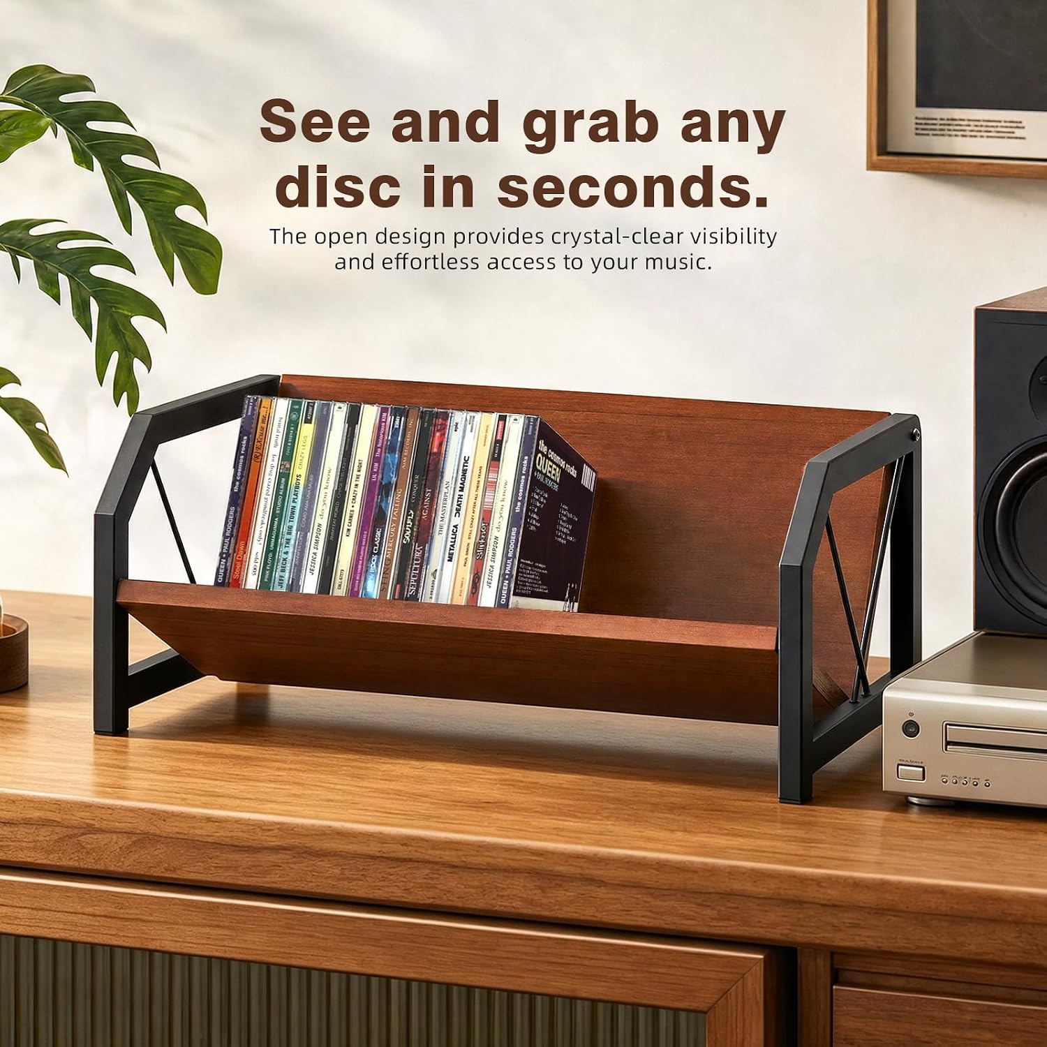 CD Holder Rack, Tilting DVD Storage Shelf for Tower Small Space | Store Up to 38 CDs and 30 DVDs, Desktop Bookshelf Organizer, Easy Acess, Sturdy Metal & Wood Construction, Portable Angle