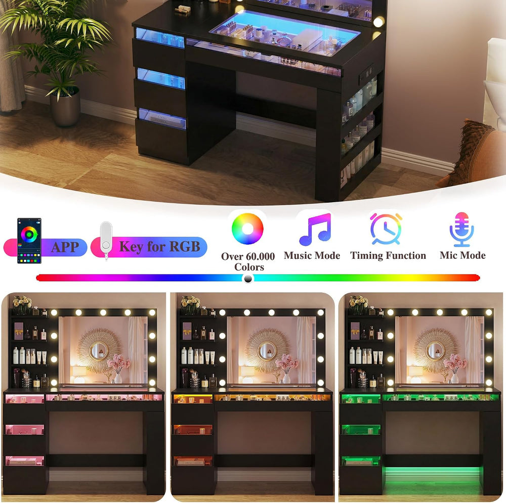 HUAHUU Vanity Desk with Lighted Mirror & Transparent Top, Makeup Vanity D...