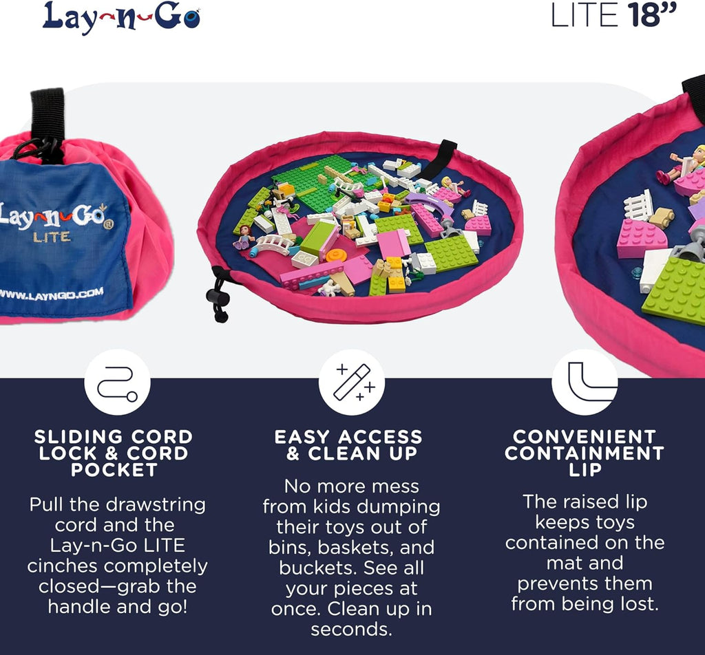 Lay-n-Go 2-in-1 Small Portable Drawstring Toys Storage Organizer and Play Mat for Room and Travel, Made for Kids and Toddlers with a Durable Patented Design