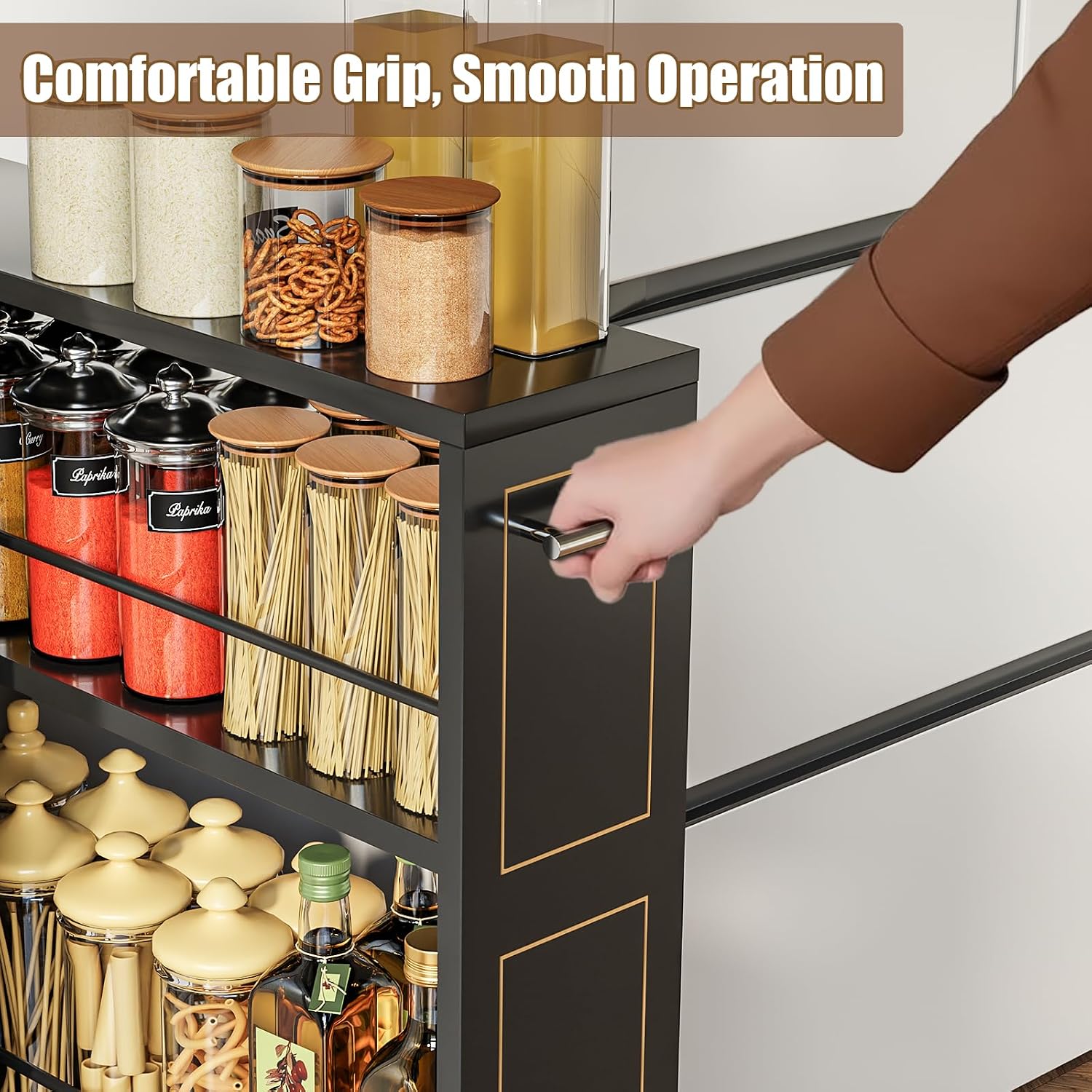 KLM 4 Tier Black Slim Storage Cart with Handle, Slide Out Storage Rolling Utility Cart for Kitchen, Laundry, Narrow Places-6.7" W