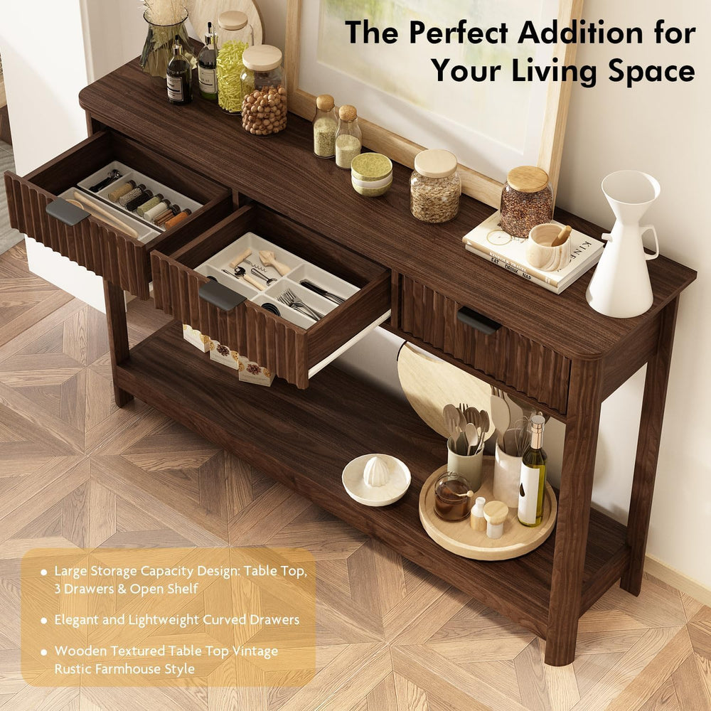 RUSTOWN Fluted Wood Console Table with 3 Drawers, 47.2" Boho Entryway Ta...