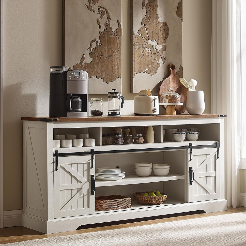 OKD 70" Farmhouse Buffet Cabinet w/Sliding Barn Door, Antique White | 2 ...