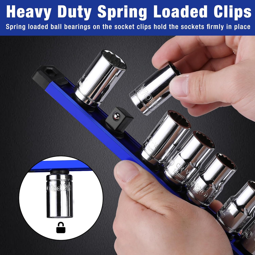 WORKPRO Magnetic Socket Organizer, 3/8-Inch Drive Aluminum Alloy Socket Rail, Heavy Duty Socket Holder, Socket Rack Kit 3/8-Inch x 10 Clips (Blue)