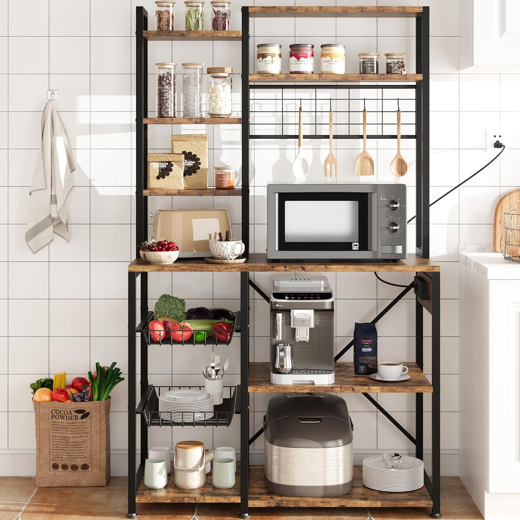 IDEALHOUSE Bakers Rack with Power Outlet, Microwave Stand with 2 Wire Drawer, Industrial Coffee Bar Station, 7-Tier Kitchen Bakers Rack with Large Storage for Spice, Pots Organizer, Rustic Brown