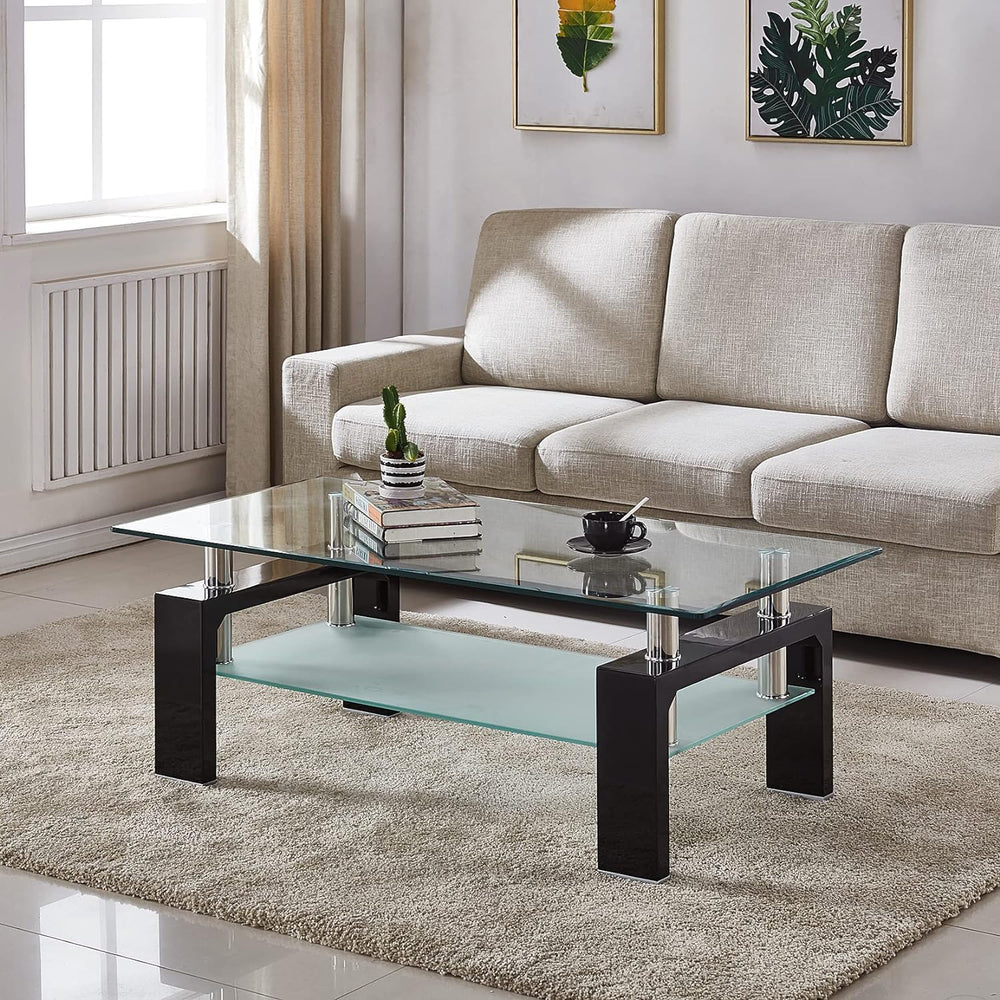 3 Piece Black Living Room Table Set, Rectangular Modern Glass Coffee Table an...