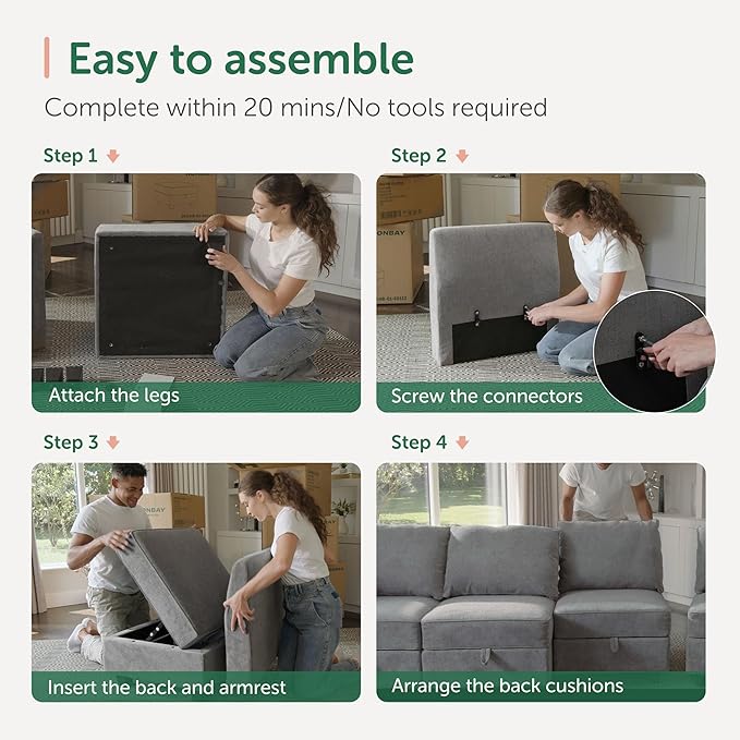 HONBAY Modular Sectional Sofa Sleeper Couch | Oversized with Chaise and Ottoman U Shaped Set | Stoarge Seat, Grey