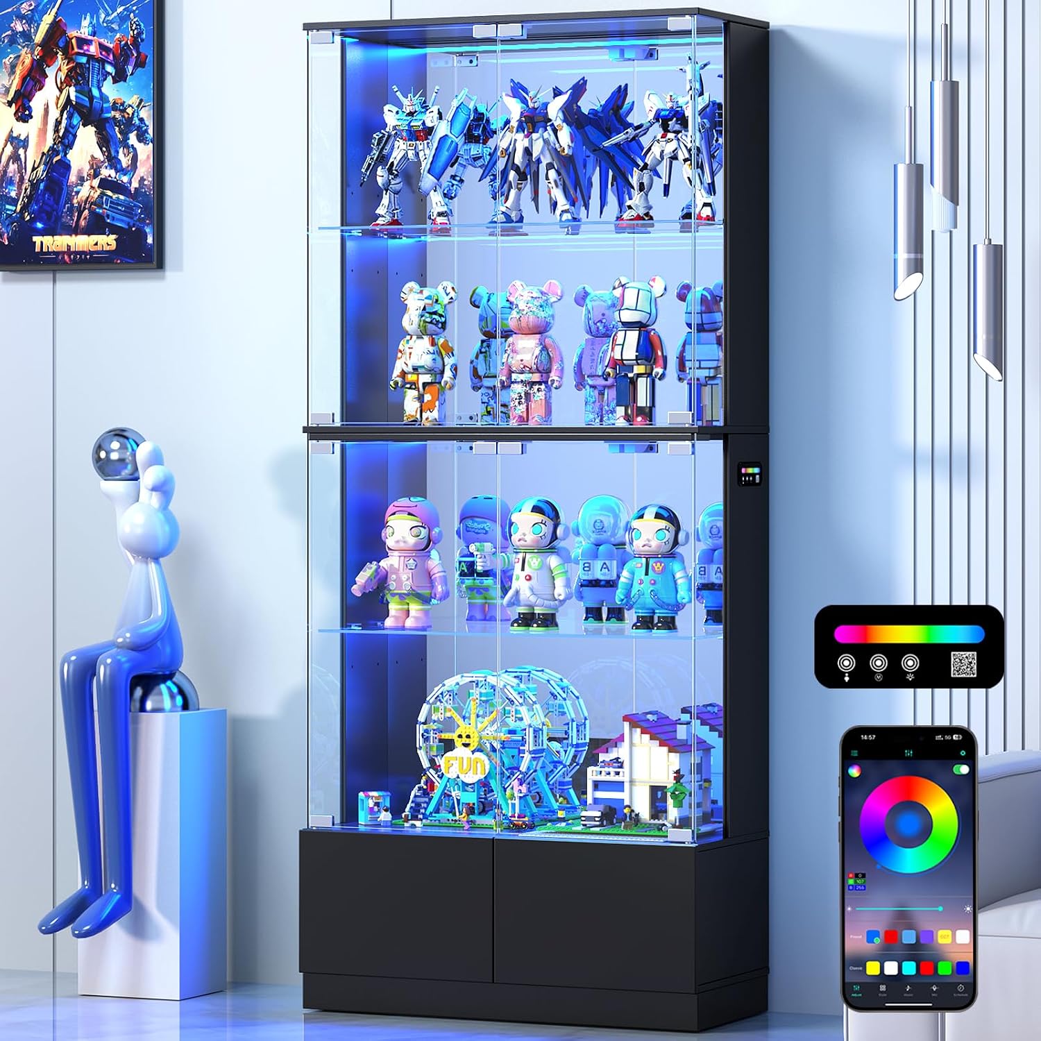 VersionTECH. Display Cabinet with Glass Doors, 4-Tier Curio Cabinet with RGB Lights for Collectibles, Display Case with 2 Drawers, Adjustable Glass Shelves, Human Body Sensor, Mirror Backing, Black