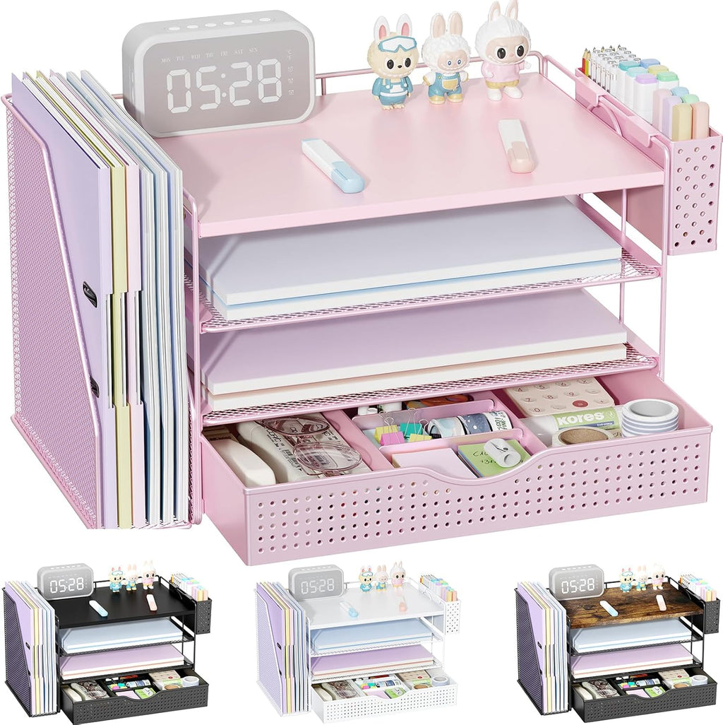 gianotter Wood Desk Organizers and Accessories with File Holder, 4-Tier Desk Accessories & Workspace Organizers with Drawer and Pen Holder, Paper Organizer for Office Supplies (Pink)