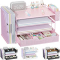 gianotter Wood Desk Organizers and Accessories with File Holder, 4-Tier Desk Accessories & Workspace Organizers with Drawer and Pen Holder, Paper Organizer for Office Supplies (Pink)