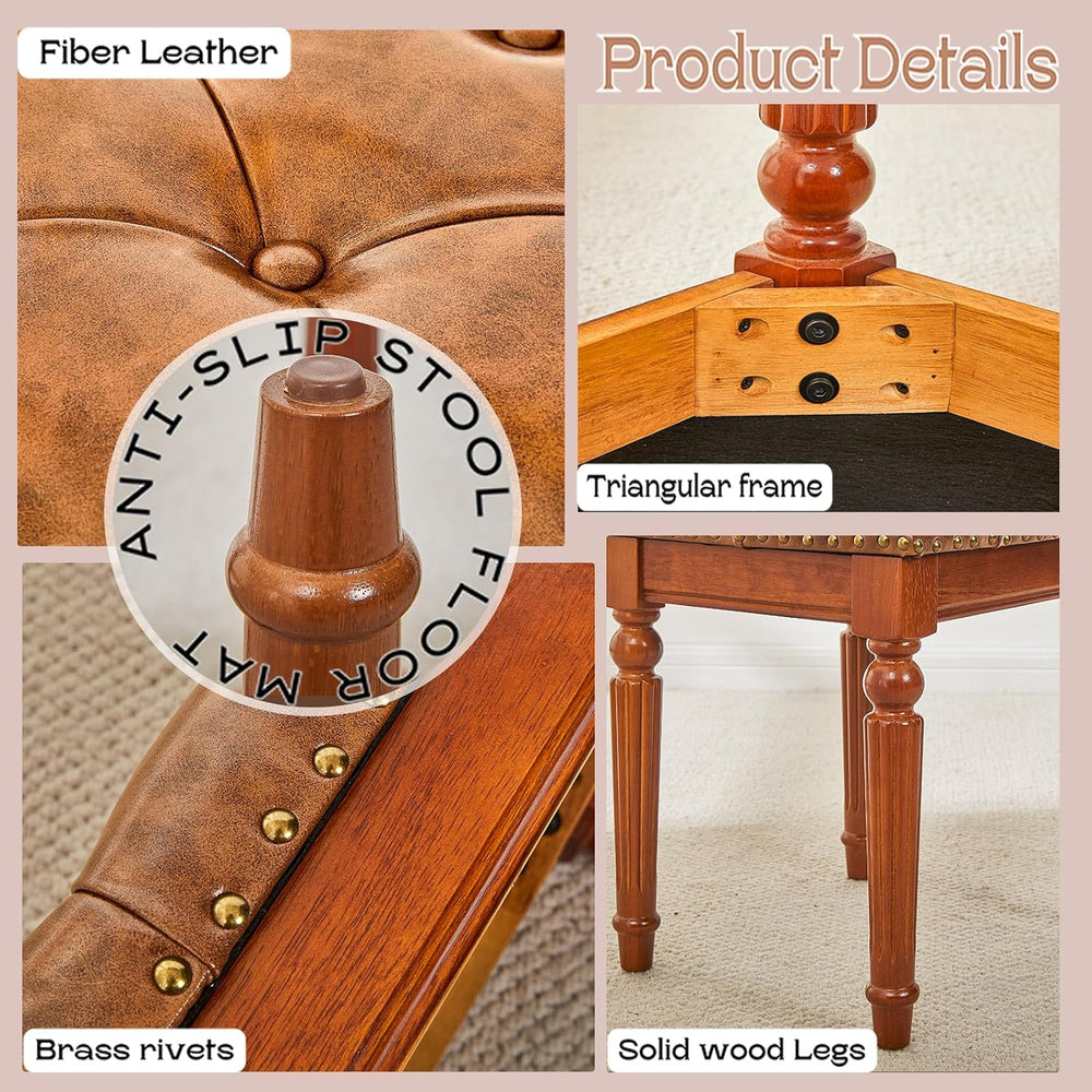 Microfiber Leather Vanity Stool for Makeup,Solid Wood Carvied Vanity Bench Se...