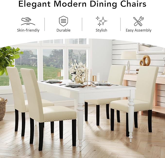 LSSPAID Dining Chairs Set of 2, Fabric Upholstered Dining Room Parson Chair with Nailhead Trim and Solid Wood Legs for Home and Kitchen, Beige