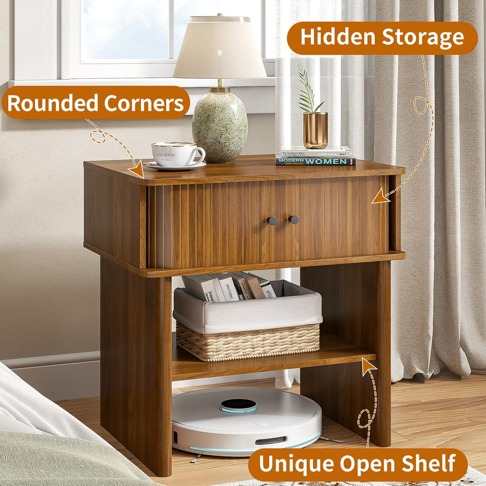 Fluted Nightstand Set of 2, Walnut End Table with Sliding Doors, Bedside Tabl...