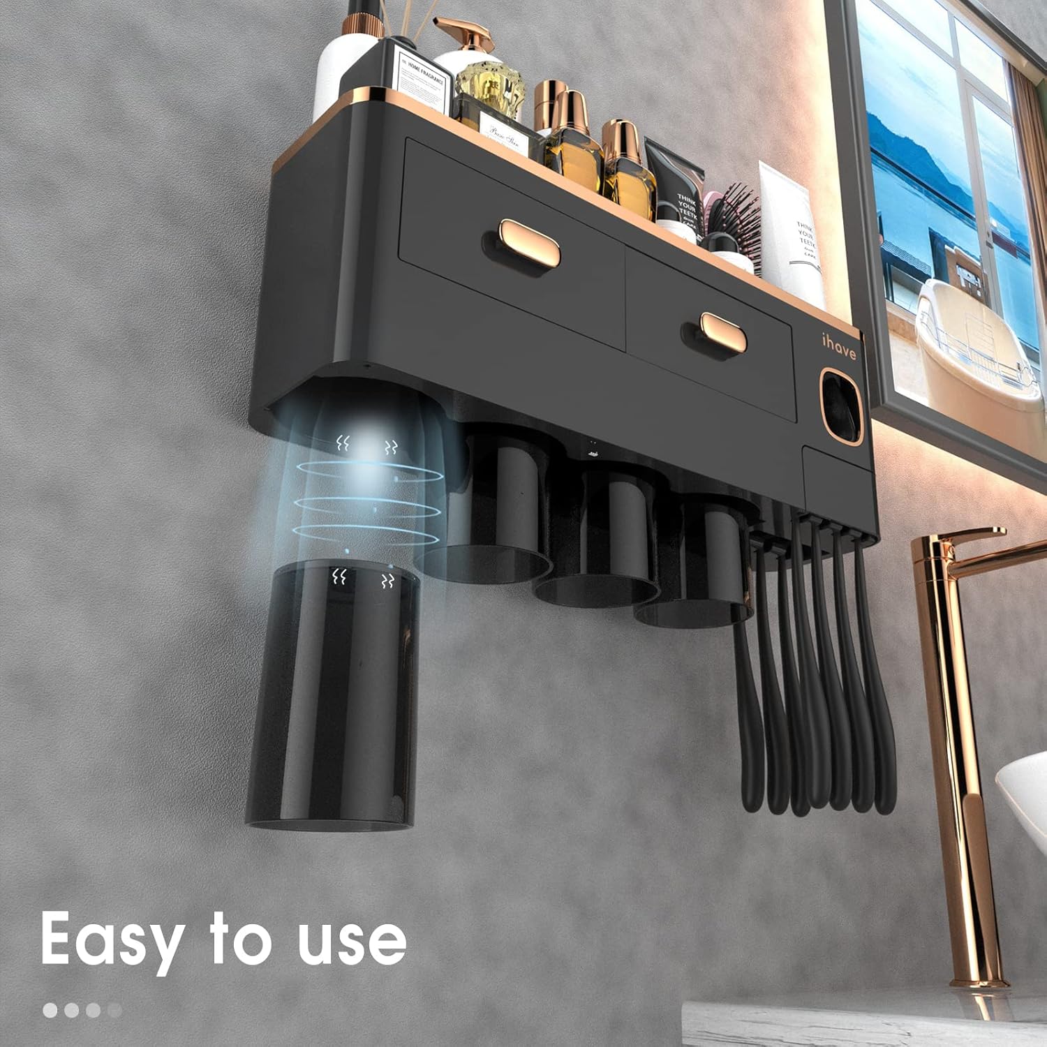 iHave Toothbrush Holders for Bathrooms - Upgrade Wall Mounted Toothbrush Holder with Toothpaste Dispenser - 4 Cups, Large Capacity Tray, 2 Cosmetic Drawer - Bathroom Organizers and Storage
