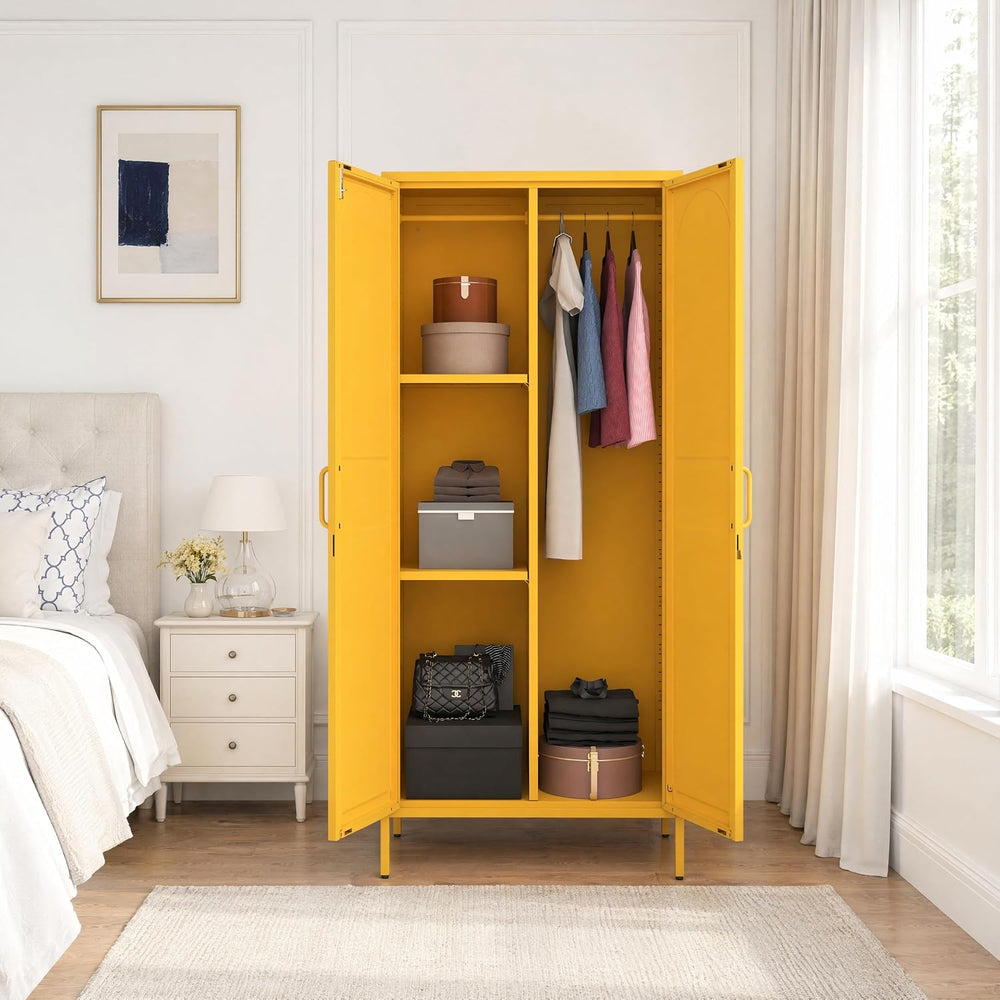 67 Inch Lockable Yellow Steel Wardrobe Storage Cabinet, Freestanding Metal Ar...