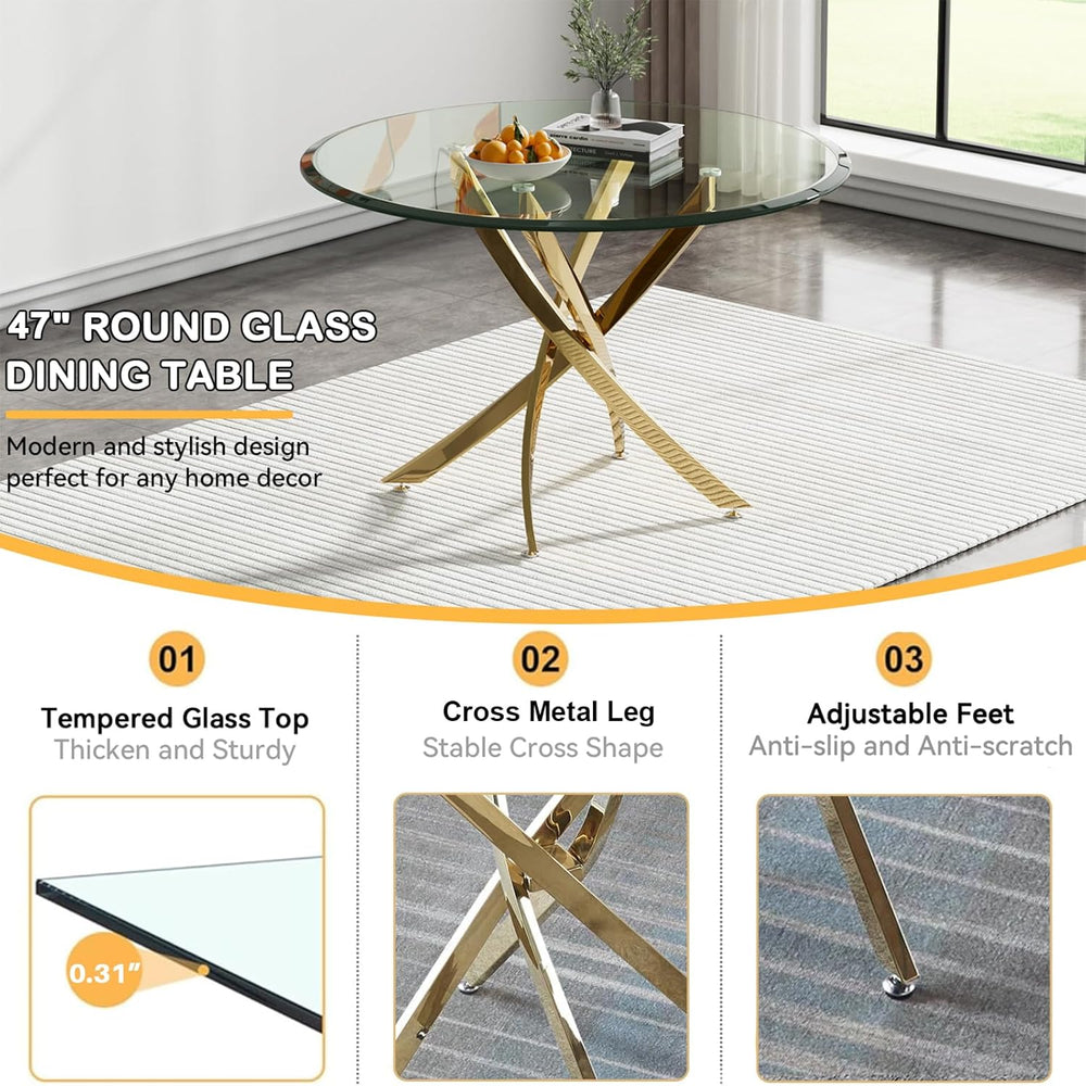 47" Round Glass Dining Table for 4-6, Circle Kitchen Table with Tempered...