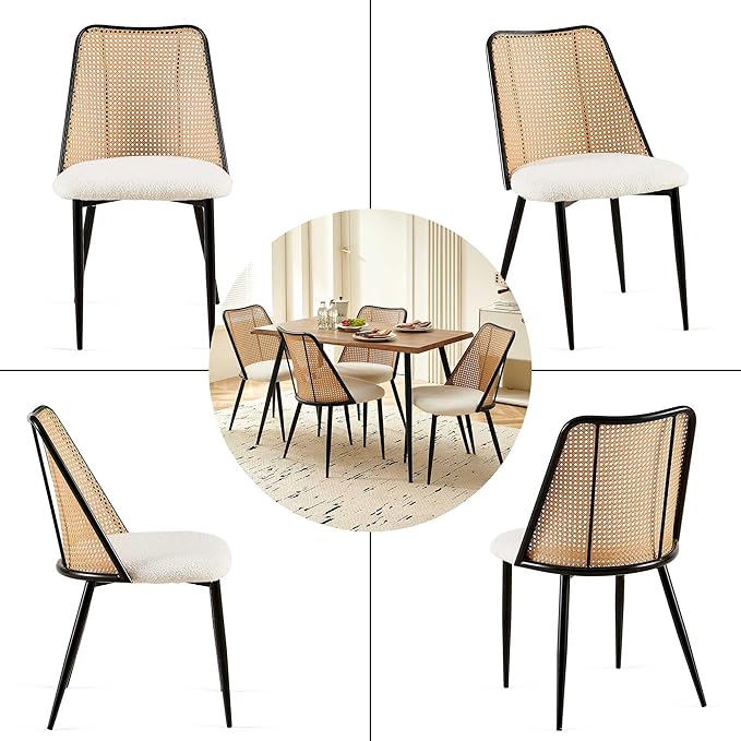 Dining Chairs Set of 2, Modern Mid Century Rattan Accent Chairs Curved Backrest Kitchen Side Chairs Woven Living Room Chairs Upholstered Boucle for Small Spaces, Apartment
