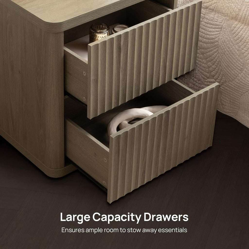 SICOTAS Night Stand Set of 2 Nightstands with 2 Drawers Storage Bedside Table Large Fluted Bed Side End Table Modern 24.4" Tall Wide Night Stands for Bedroom Living Room Sofa Couch Office, Grey Alder