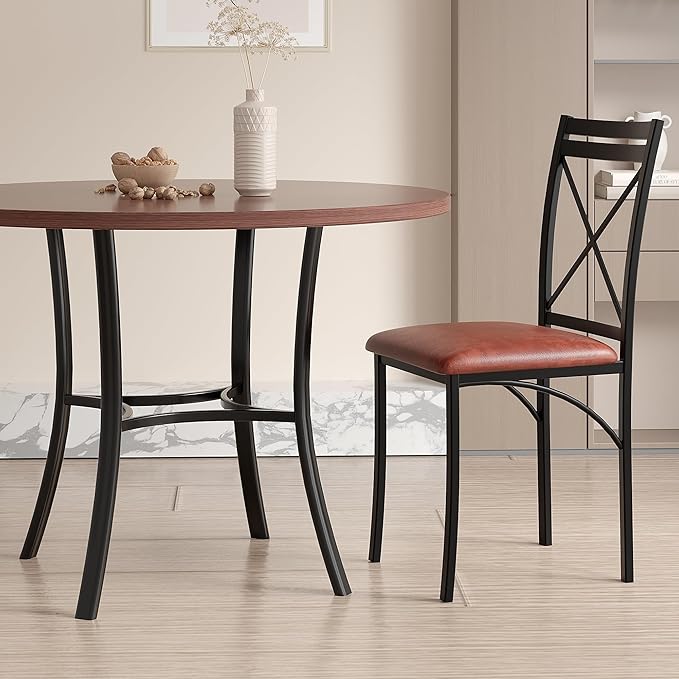 VECELO Metal Dining Chairs Set of 4, Steel Legs and PU Leather Cushion Seats ...