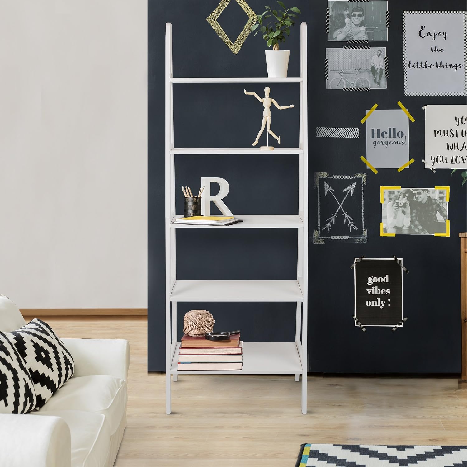 Casual Home 100% Solid Wood 5-Shelf Ladder Bookcase, Standard, 72"H, White