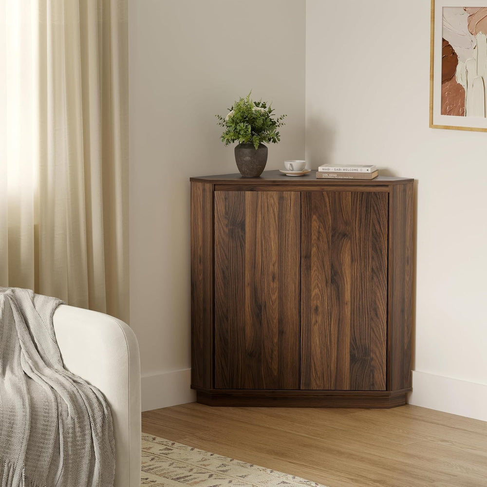 Corner Storage Cabinet, Small Corner Floor Cabinet with 2 Doors and 2-Tier Sh...