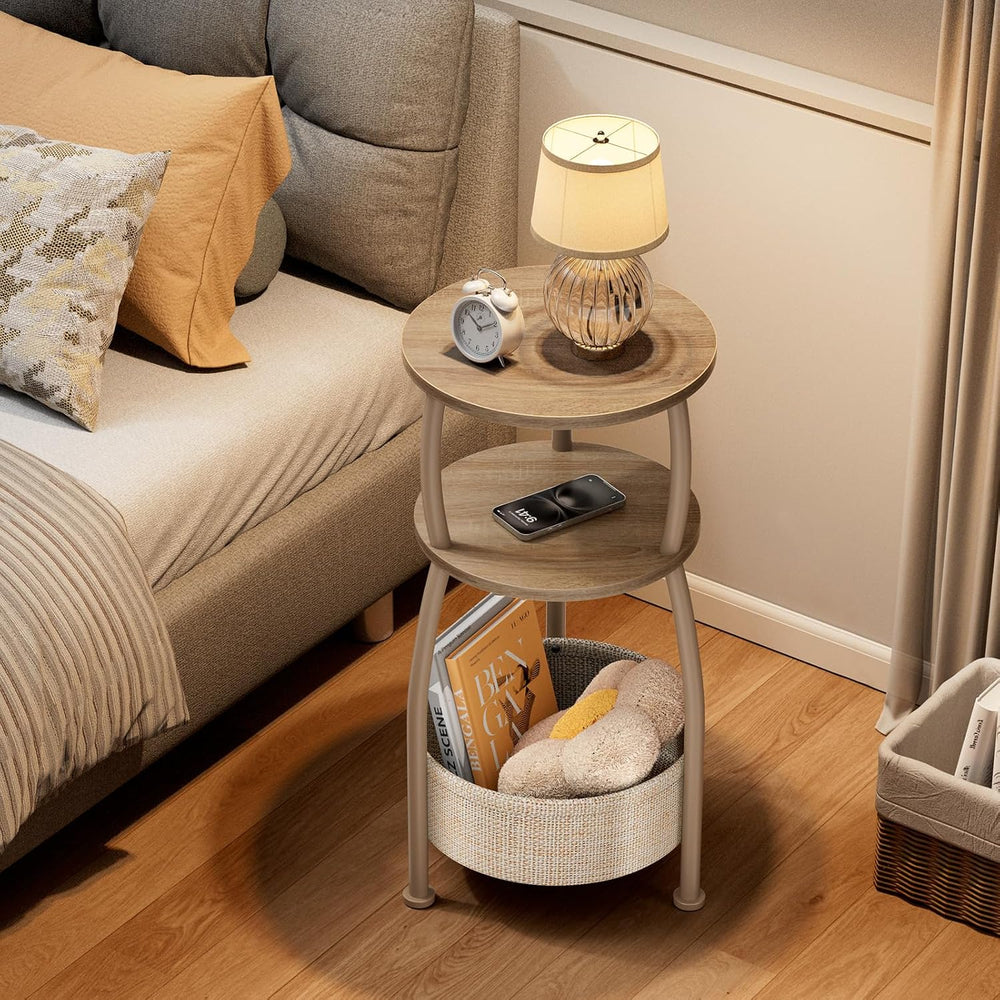 Small Side Table with Storage Basket, Space Saving Round End Table 3-Tier Bed...