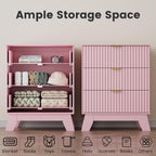 Pink Night Stand with 3 Drawers, Bedside Table & End Table, 24" Wide Mid Century Modern Fluted Wood Nightstand with Metal Handles, Farmhouse Night Stands for Bedroom