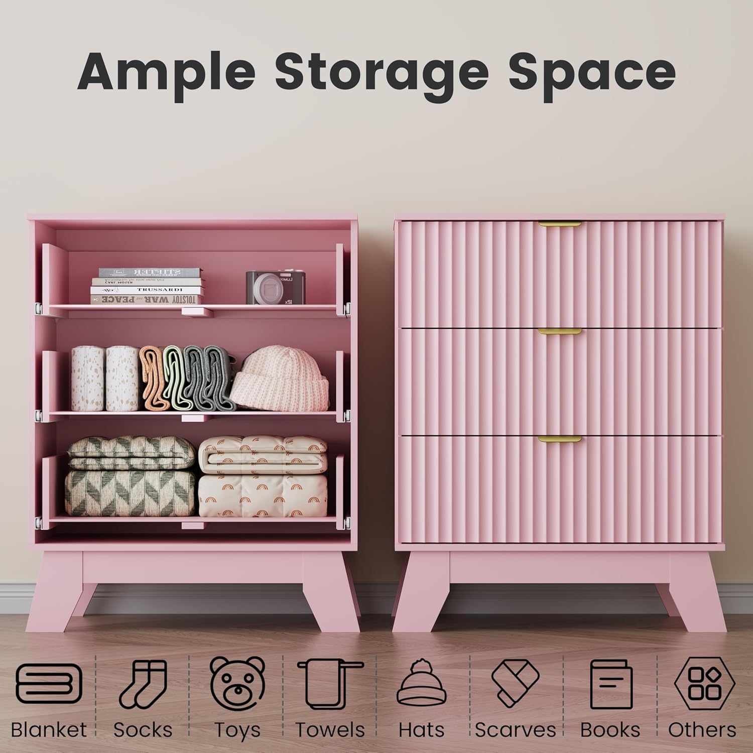 Pink Night Stand with 3 Drawers, Bedside Table & End Table, 24" Wide Mid Century Modern Fluted Wood Nightstand with Metal Handles, Farmhouse Night Stands for Bedroom