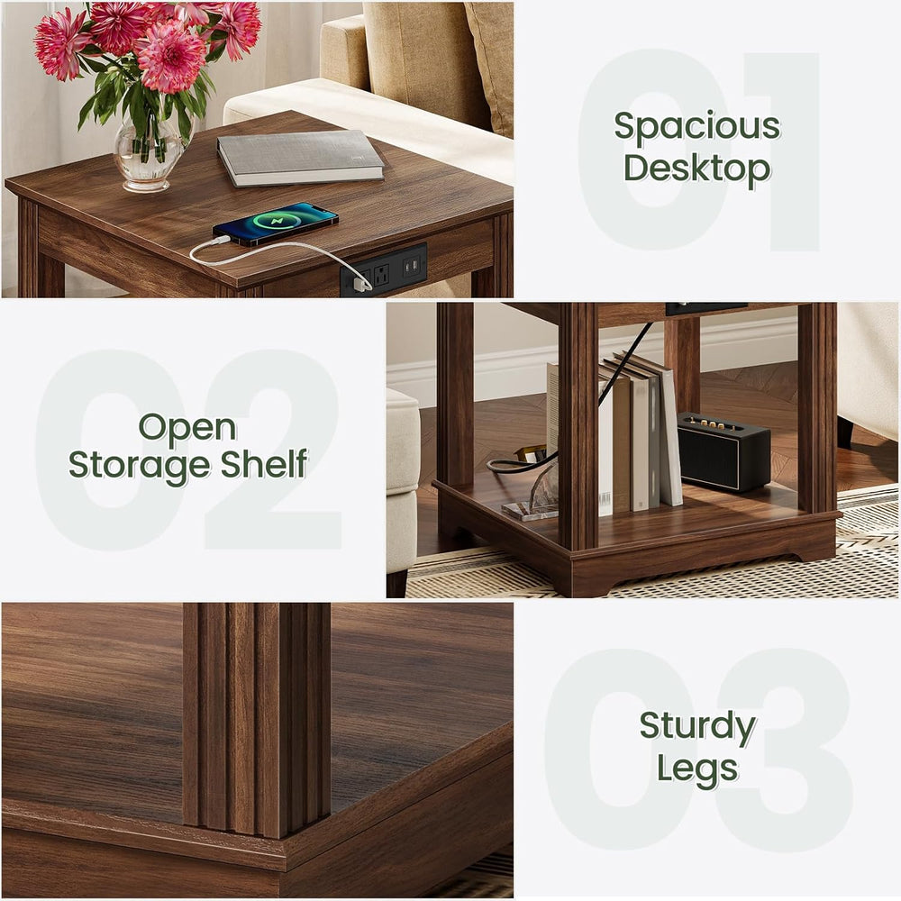CHOEZON Round Side Table and Farmhouse End Table with Charging Station Bundle...