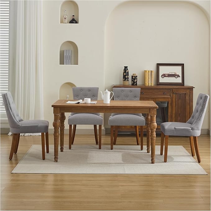 Modern Leisure Linen Dining Chairs Set of 4, Upholstered Dining Chair with Solid Wood Legs, Mid-Century Dining Room Chairs with Pull Ring and Tufted Backrest, Ight Grey
