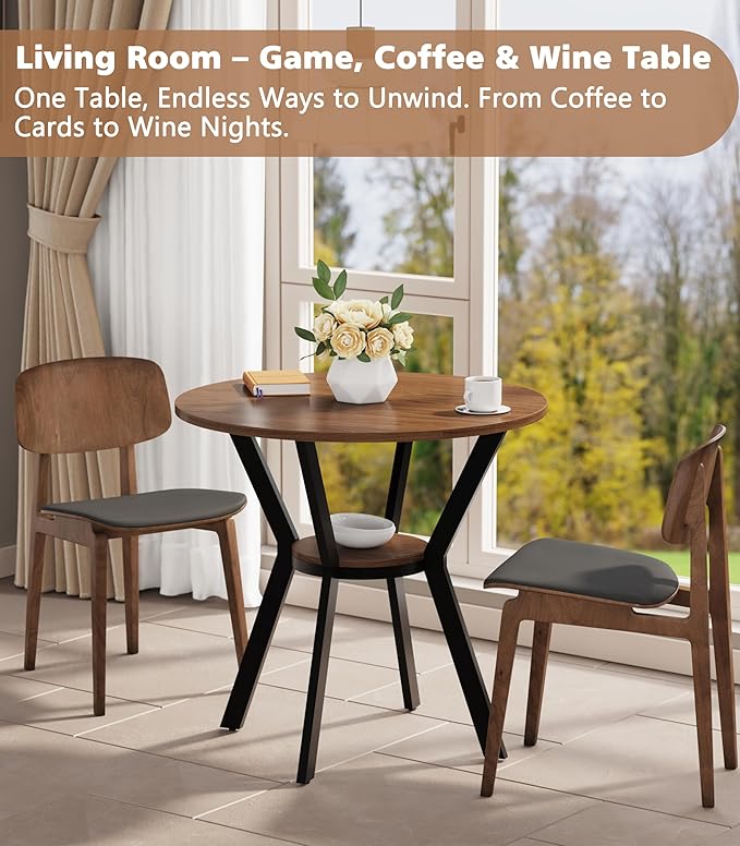31.5" Round Dining Table for 2-4, Farmhouse Small Kitchen Table with Sto...