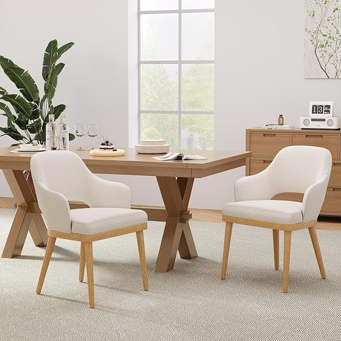 Wooden Dining Chairs Set of 2, Modern Fabric Upholstered Dining Room Chair, Kitchen Side Chairs, Farmhouse Dinner Chair with Open Back for Kitchen, Beige