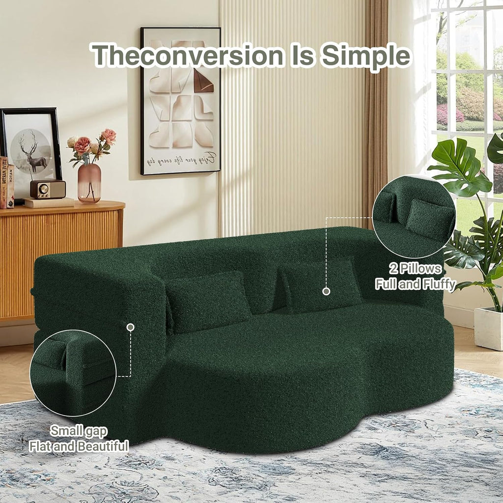 78" Convertible Folding Sofa Bed, 2-in-1 Full Size Floor Boneless Couch Bed, Loveseat sleeper Couch , Teddy Floor Sofa, Memory Foam Sleeper SofaBed, Small couches for small spaces, No Assembly (Green)