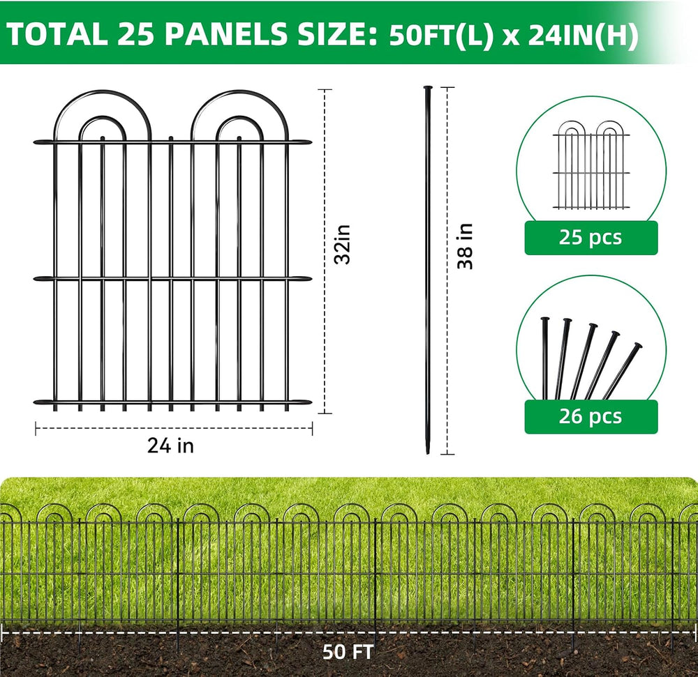 25 Panels No Dig Decorative Garden Fence, 32in(H) X 50ft(L) Tall Dog Fence Ou...