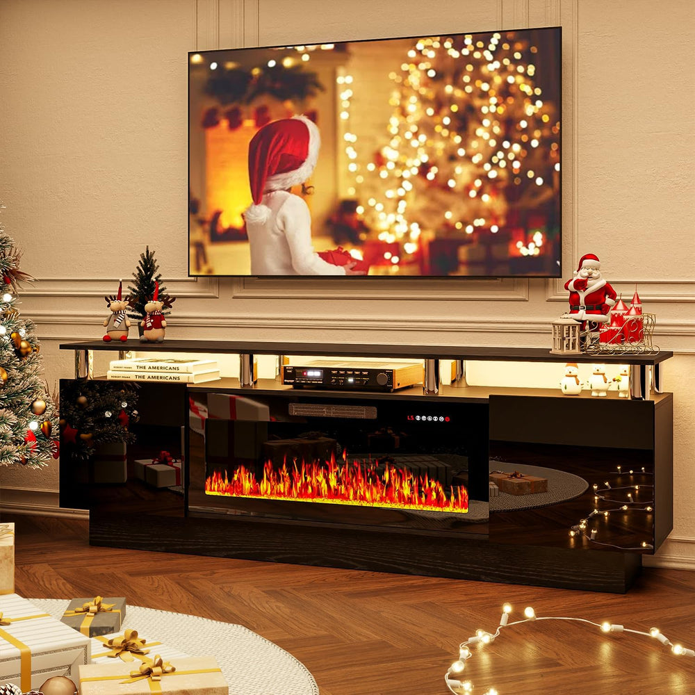 70" Fireplace TV Stand, Entertainment Center with 8 Stainless Steel, Bla...