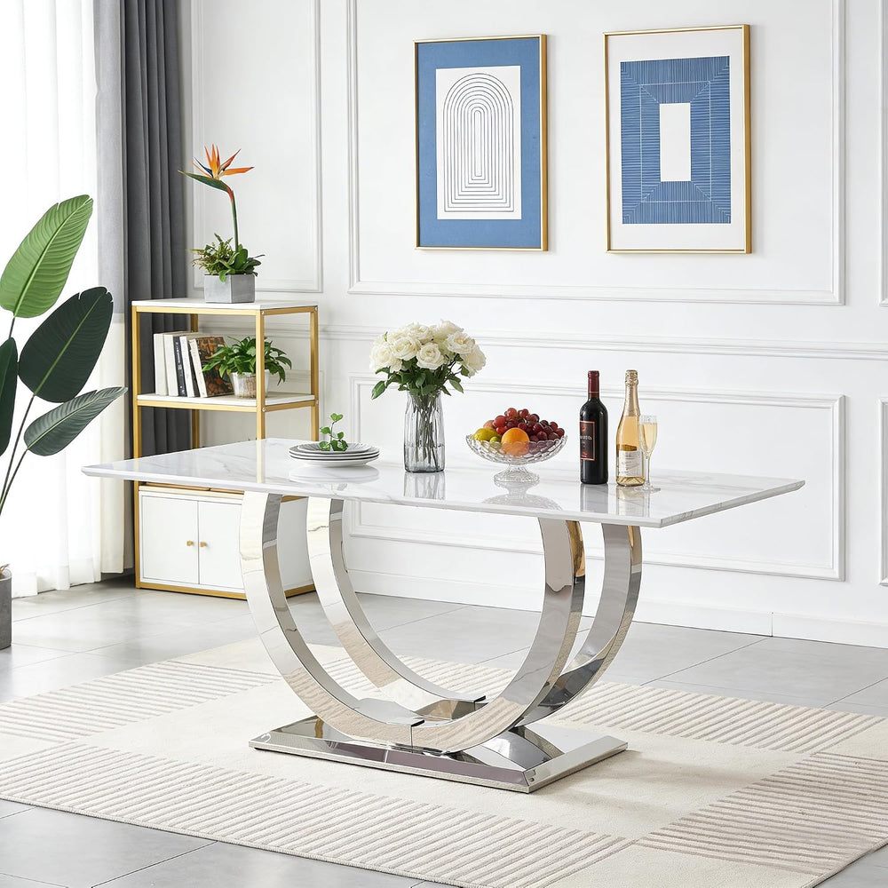 69.3" White Marble Dining Table for 6-8, Luxury Rectangular Kitchen Tabl...