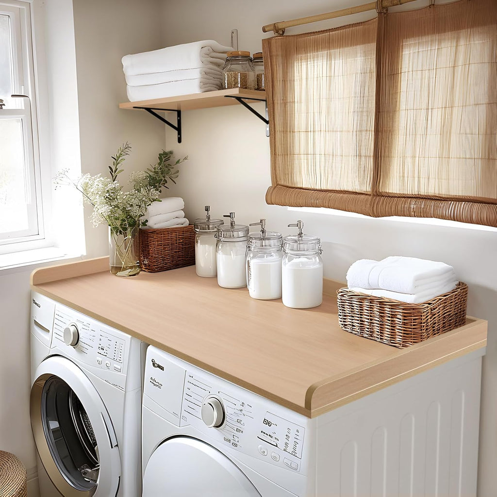 Kaboon Washer Dryer Countertop, Melamine Countertop with Edge Rails - 27.5" Depth x 54" Width Laundry Room Organization, Light Walnut
