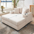 GarveeHome Oversized Chaise Lounge Chair Indoor, Comfy Corduroy Lounge Sofa with Charging Station, Cup Holders & Throw Pillows, Cozy Sleeper Couch for Living Room Apartments, Beige