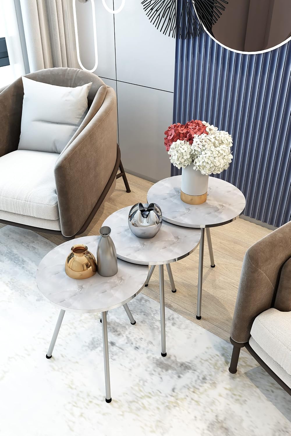 Set of 3 Nesting END Tables - Round Stacking Coffee Side Tables for Small Spa...