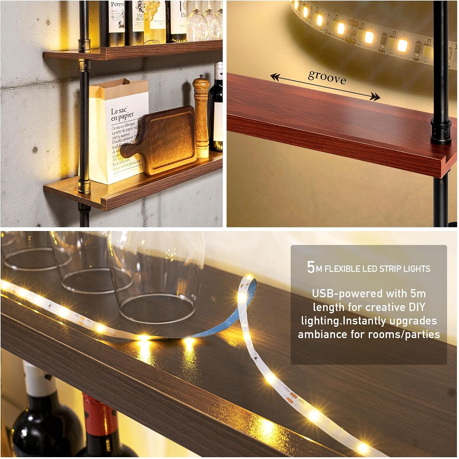 32" Wine Rack Wall Mounted with LED Lights, 3-Tiers Wall Bar Shelves | Solid Wood, Rustic Industrial Pipe Floating Shelves for Home, Restaurant, Commercial Bar, Kitchen Storage Display